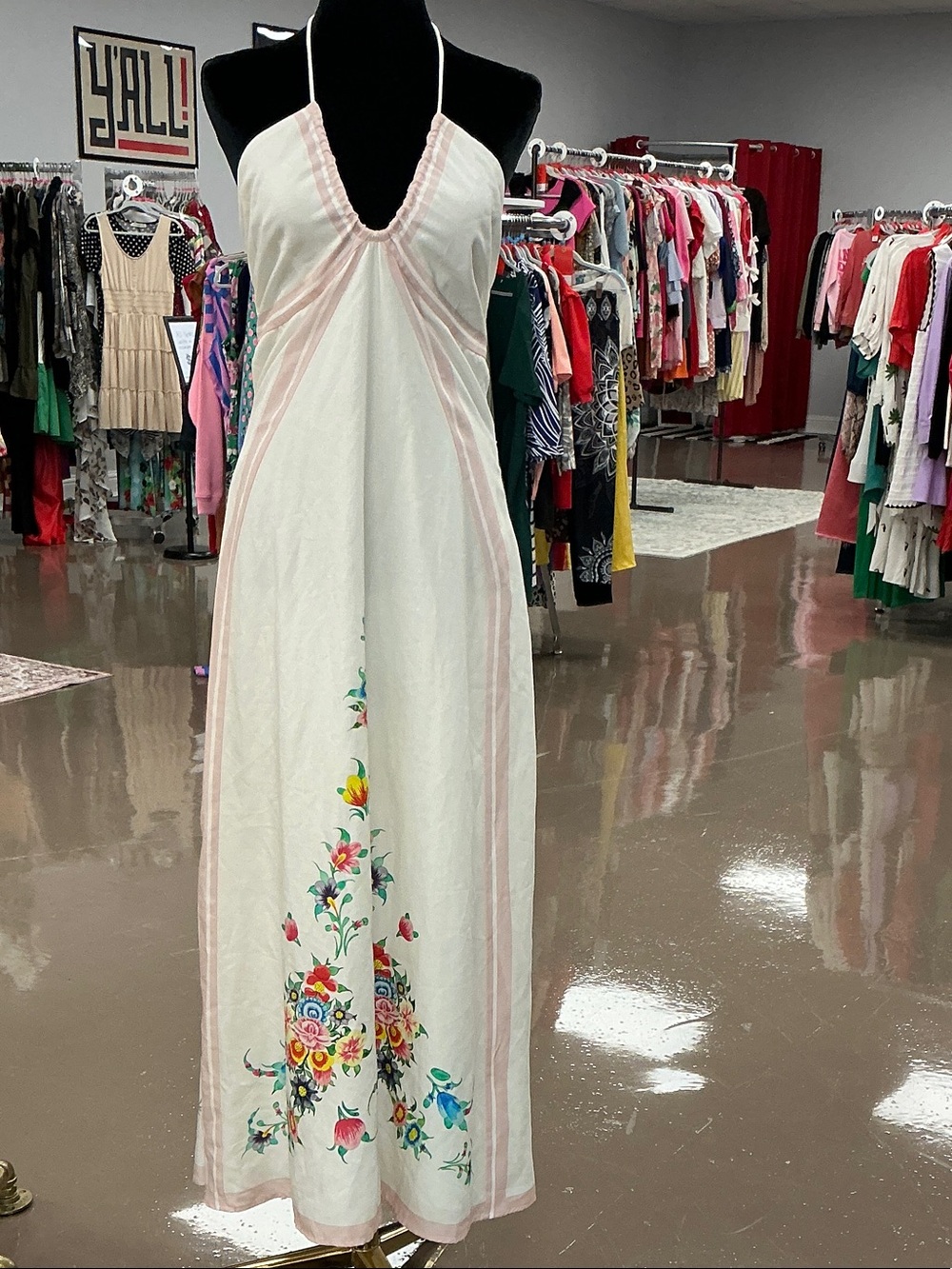 White Halter Maxi Dress with Pink Trim and Floral Hem